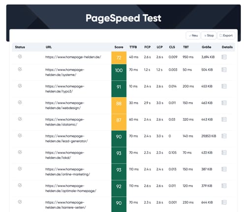 experte.de PageSpeed-Tool Bulk-Analyse