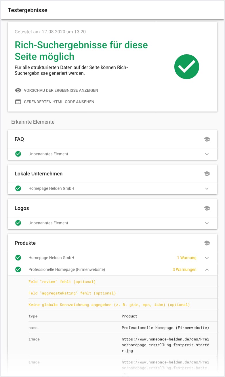 Testergebnis im Google Test-Tool für strukturierte Daten
