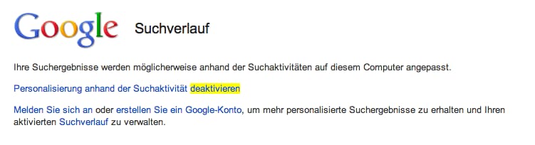 Personalisierung anhand der Suchaktivität deaktivieren