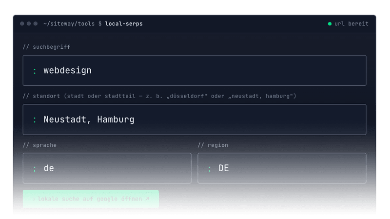 Das Local-SERPs-Tool von siteway zeigt Google-Suchergebnisse wie an einem anderen Standort