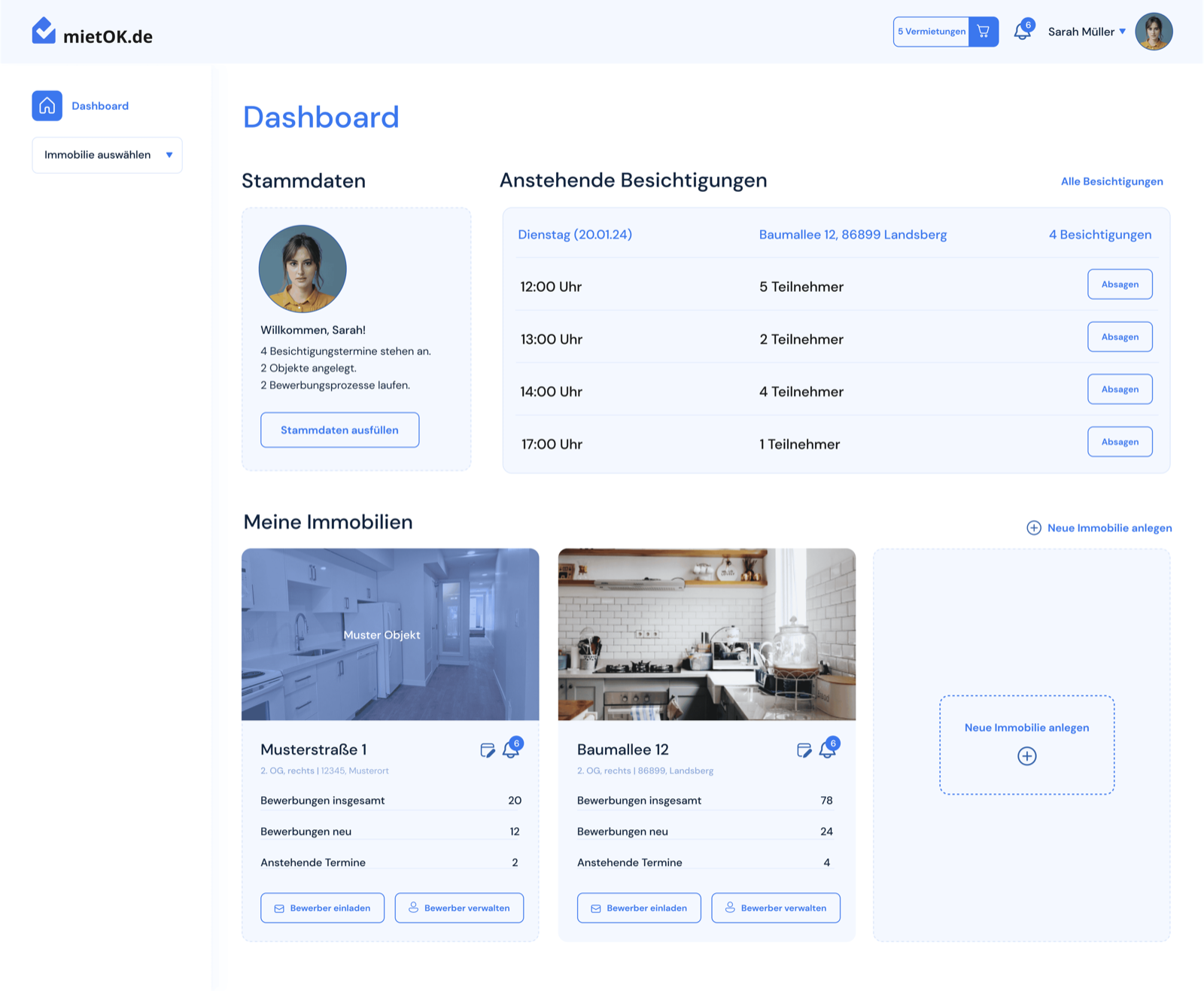 MietOK Vermieter-Dashboard mit Stammdaten, anstehenden Besichtigungen und Immobilien-Übersicht