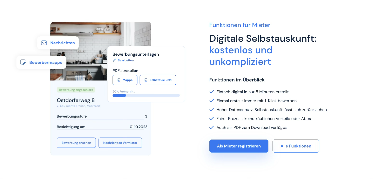MietOK Mieter-Funktionen: digitale Selbstauskunft und Bewerbungsunterlagen mit Bewerbermappe