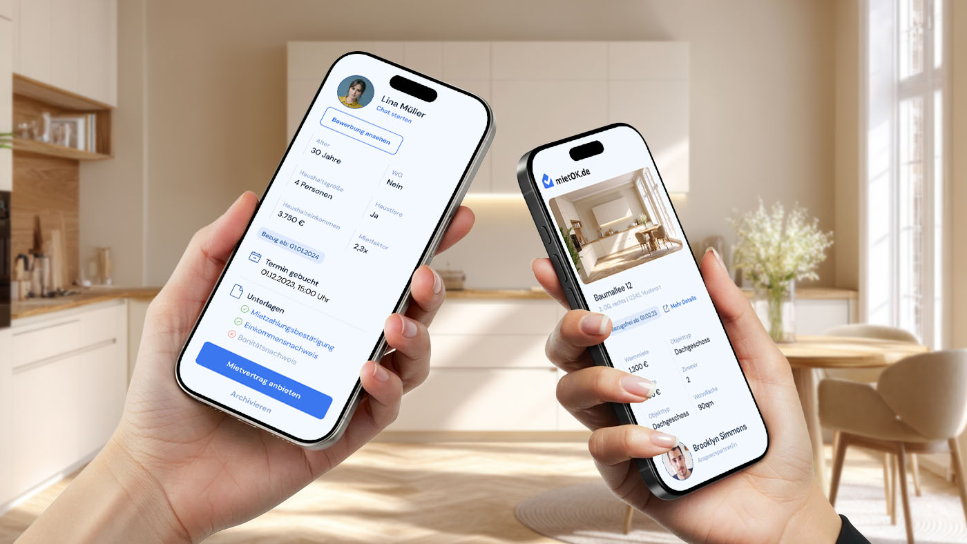 Die MietOK-App auf zwei Smartphones: Bewerbungs-Detailansicht und Objekt-Listing — in einer hellen Wohnküche