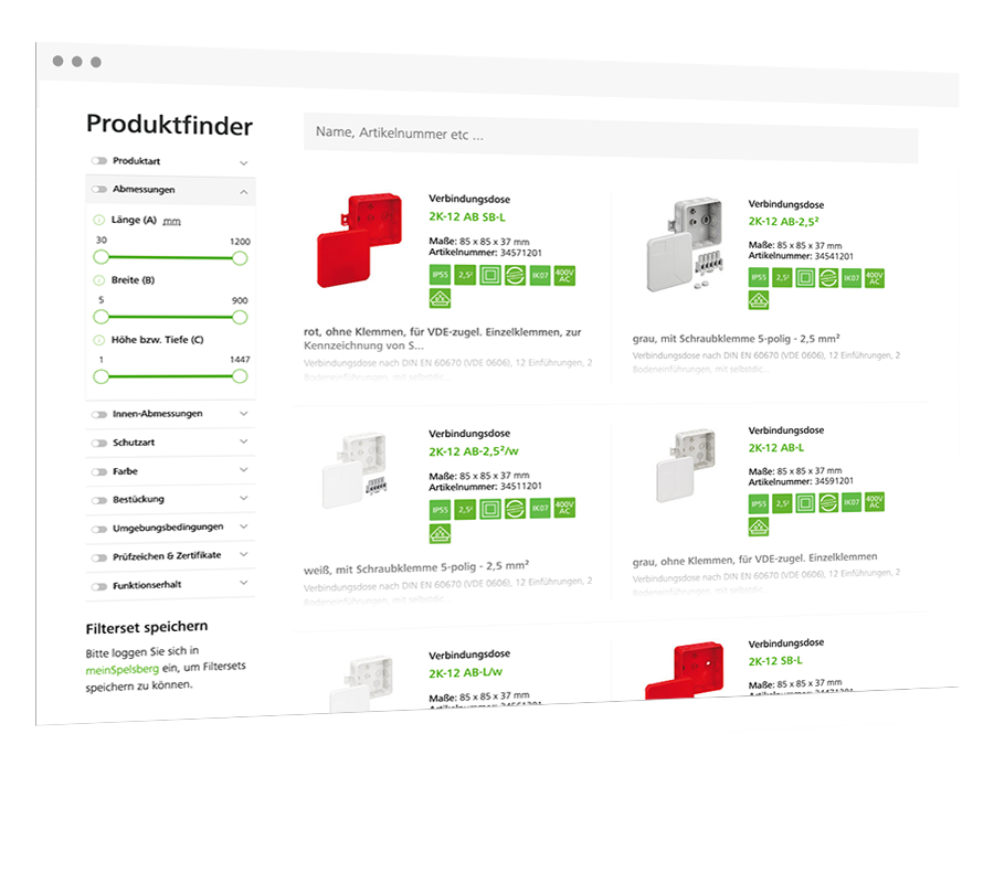 Spelsberg Produktfinder mit parallel filterbaren Attributen in der Seitenleiste