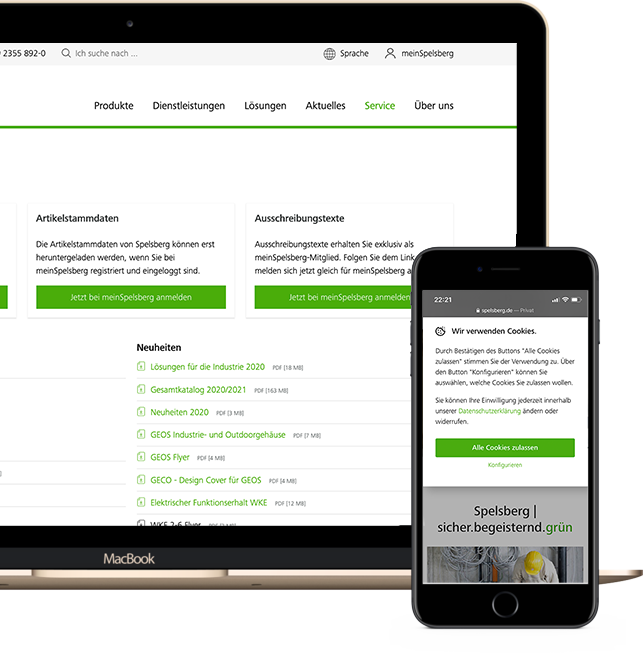 Geschützter Kundenbereich meinSpelsberg mit Artikelstammdaten und mobiler DSGVO-Ansicht