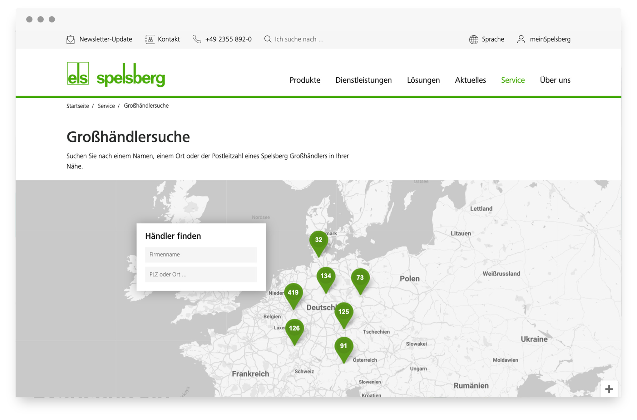 Spelsberg Großhändlersuche mit interaktiver Europakarte und Standort-Clustern